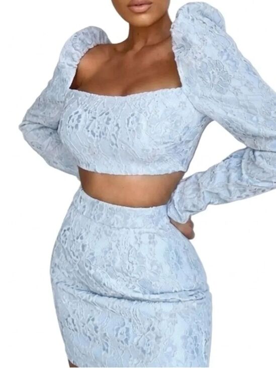 Naked Zebra Dresses & Skirts - Naked Zebra Blue Lace Dress Set Bridgerton Regency Core Crop & Skirt Size M NWT